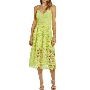 ASTR The Label Sz XL Midi Dress Lace Overlay Crochet Light Neon Yellow V Neck